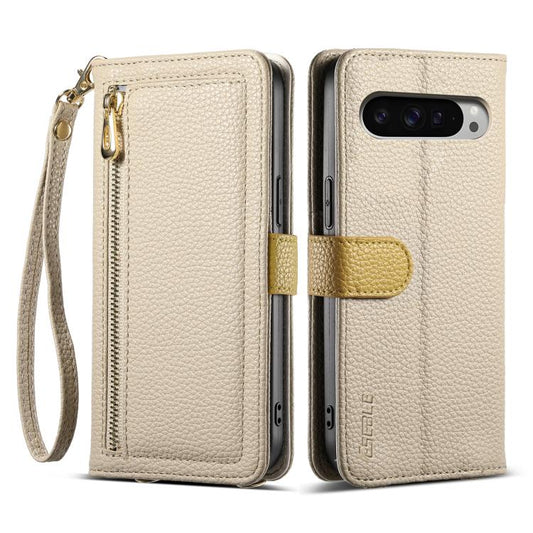 For Google Pixel 9 / 9 Pro ESEBLE E11 Colorful Litchi Pattern Zipper Wallet Leather Phone Case(Khaki) by ESEBLE